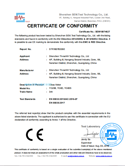 YG series gloss meter CE certificate